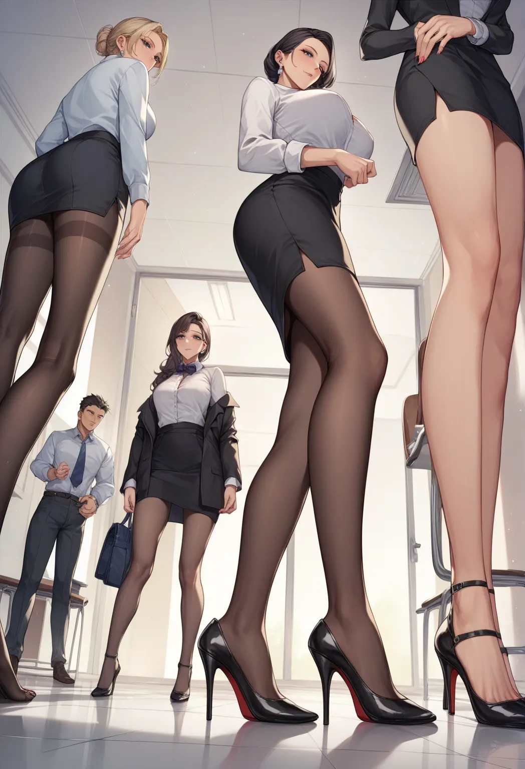 ((Best Quality)), ((masterpiece)), (be familiar with)  perfect face　 facing down 、Manga style illustration、Office Style、 business suits 、 black jacket 、White open shirt、Black knee-length pencil skirt、 black pantyhose、black high heel pumps、Looking Down、A gr...