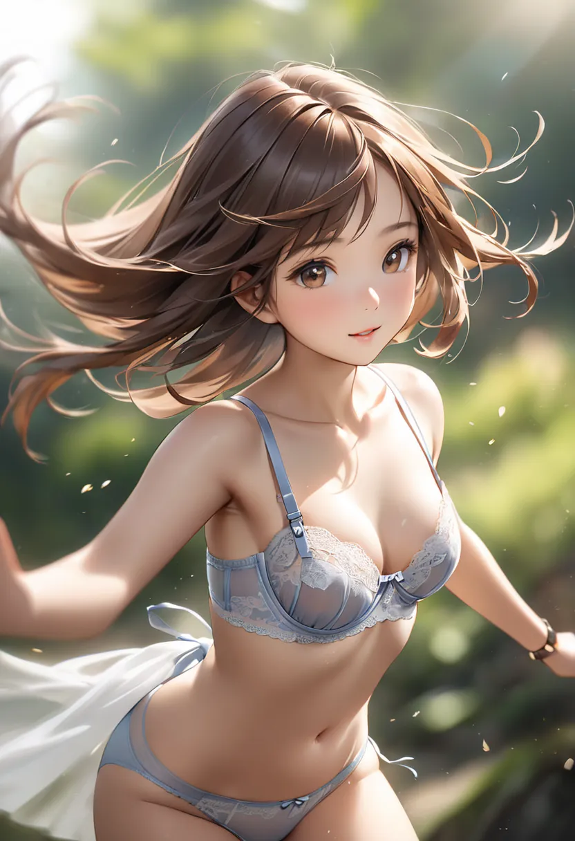 indonesian girl,  clear focus: 1.2, tiny, small breasts、 (long brown hair fluttering in the wind ), ( small, sheer bra and panti...