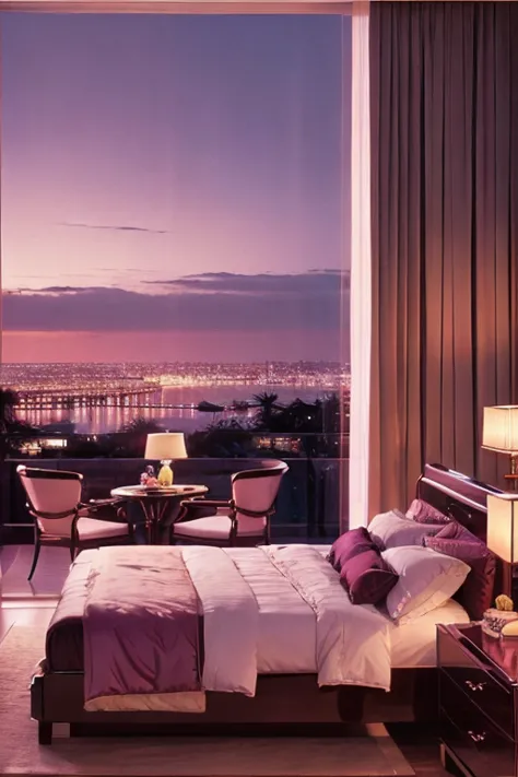 dreamy, luxurious bedroom with glossy satin furniture at twilight night with a view overlooking a palm beach. gradient of purple...