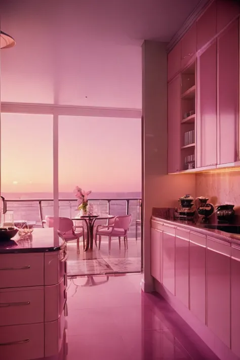 dreamy, luxurious kitchen with glossy satin furniture at twilight night with a view overlooking a palm beach. gradient of purple...