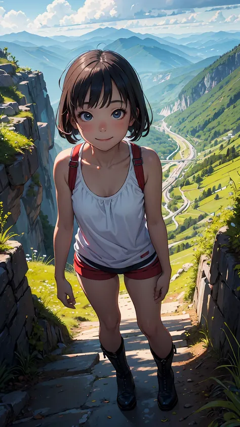 ((Best Quality)), ((masterpiece)), (  Details),  young girl, hiking, Mini Short,  loose tank top, boots, smile, mountain,   Beautiful Lighting Pictures with Disgust , sunny, mountain path , Partly cloudy