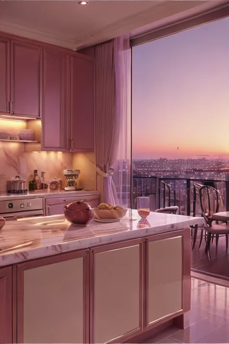 dreamy, luxurious kitchen with glossy satin furniture at twilight night with a view overlooking a palm beach. gradient of purple...