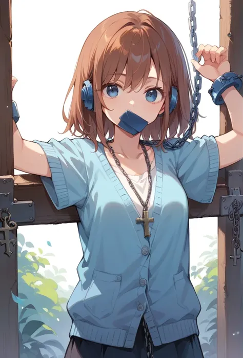 1 girl, cross, crucifixion,spread your arms,brown hair, blue headphones, light blue cardigan,cover your mouth,blue eyes,chain br...