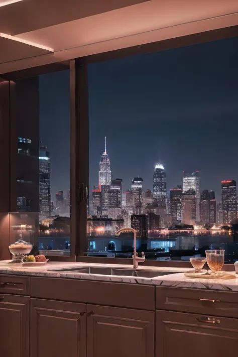 dreamy kitchen,1980s retro,high-end luxury,glossy satin furniture,cityscape at night,blue hour,magical atmosphere,serene,photore...