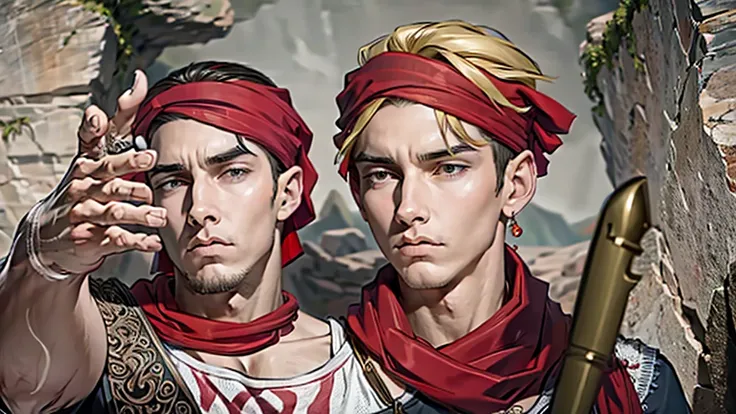 Highly detailed, High Quality, Masterpiece, beautiful, IncursioThrowingAFatRat, rock, 1boy, Ricardo, red bandana on the head, 