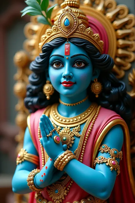 This image depicts a vibrant and beautifully crafted idol or figure of Lord Krishna, a revered Hindu deity. The idol is depicted with blue skin, ornate golden jewellery and a head dress. 