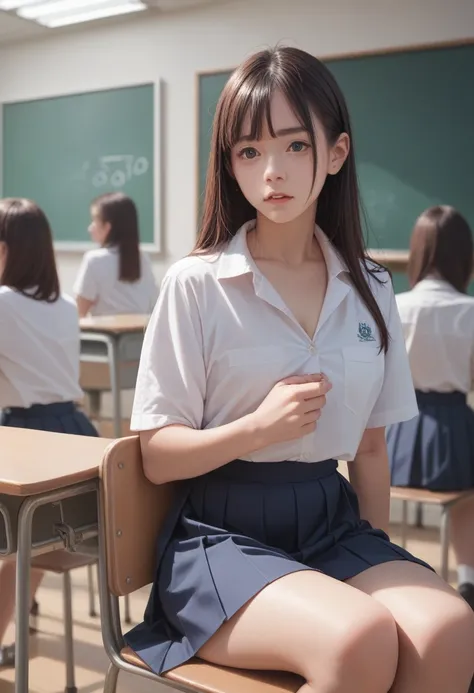 3 high school girls show off their pussies in the classroom、Porn Image