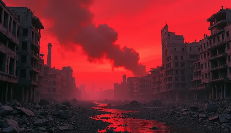 
1. A ruined city under a red ,  sky with crumbling buildings and smoke rising in the background