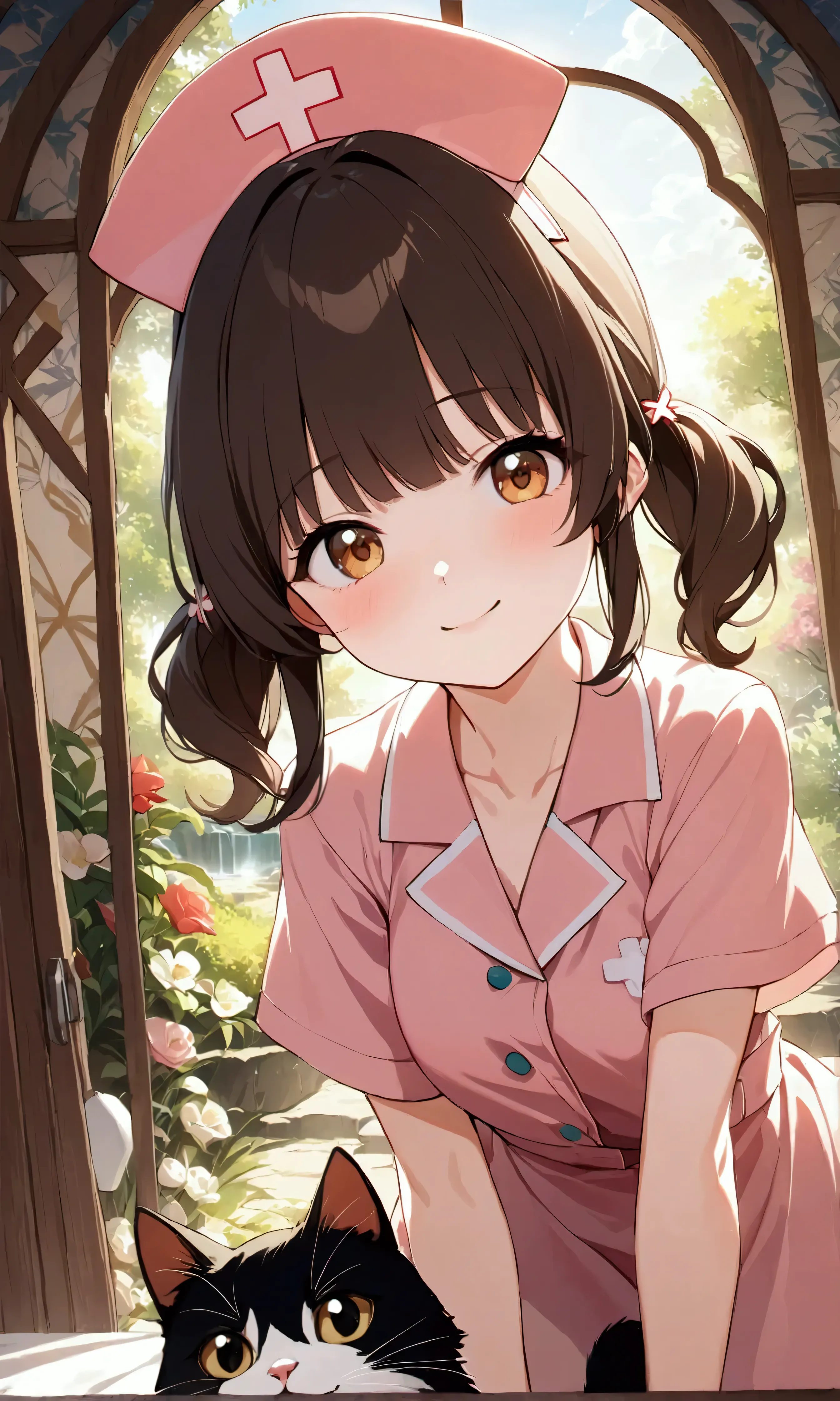 1girl\((very kind nurse:1.3),smile,)\) take care of (cutebrown kitty-cat:1.3. warm atmothpher, soft sunlight, beautiful flowers, soft blur.focus on cat,. BREAK .quality\(8k,wallpaper of extremely detailed CG unit, high resolution, top-quality, top-quality real texture skin, hyper realistic, increase the resolution, RAW photos, best quality, highly detailed, the wallpaper, golden ratio, high saturation realism, vibrant colors, dramatic lighting, persuasive storytelling, atmospheric scenery, captivating visuals, intricate details, strong emotions, dreamlike world\),