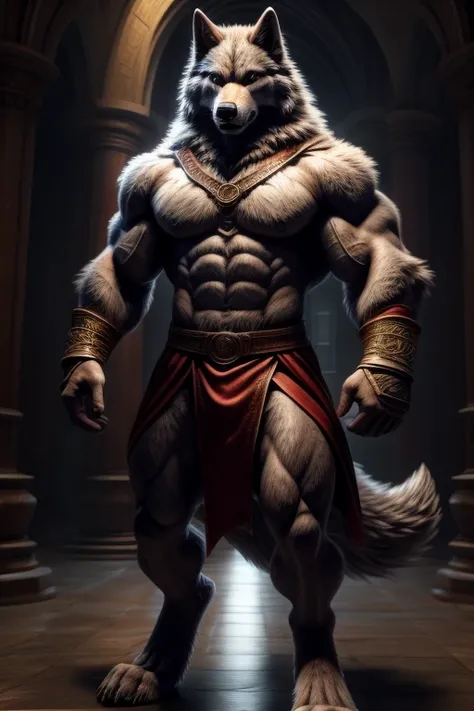 ultra-realistic wolf with human body, muscular body and strong fighter, humanoid