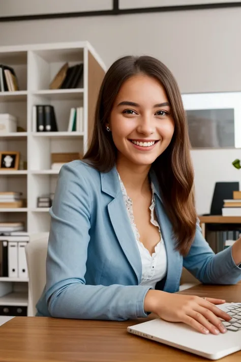 young woman smiling in office working typing on computer with books under the table and a cup of coffee