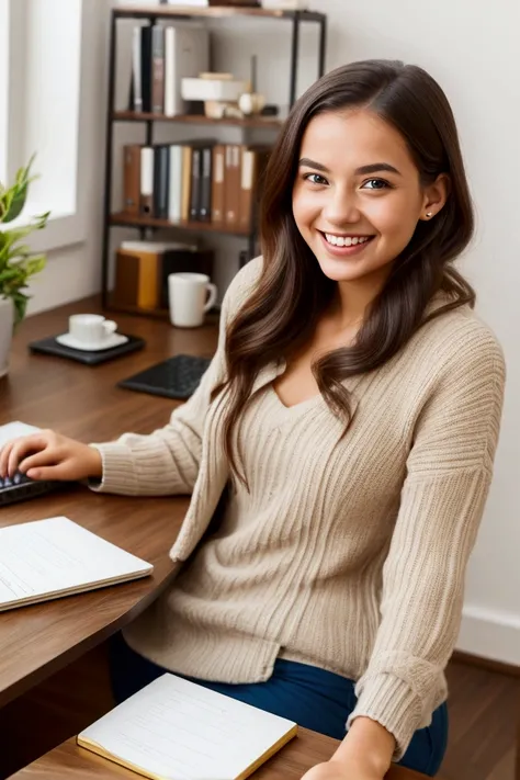 young Woman smiling in office working typing on computer with books under the table and a cup of coffee