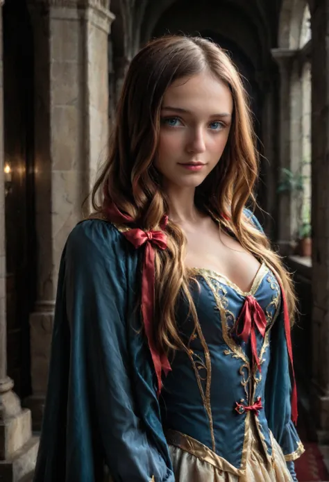 an incredibly beautiful sorceress , blue eyes,  with long golden hair tied with a scarlet ribbon ,  dressed in a white and gold ...