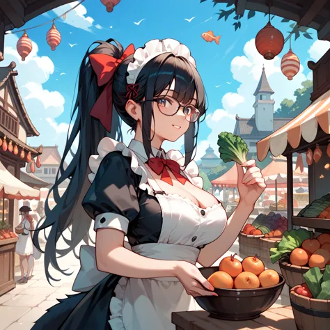 black hair,  long hair, ponytail,glasses, beast ears,tail, big breasts at the temple,maid,market,fruit,fish,vegetables