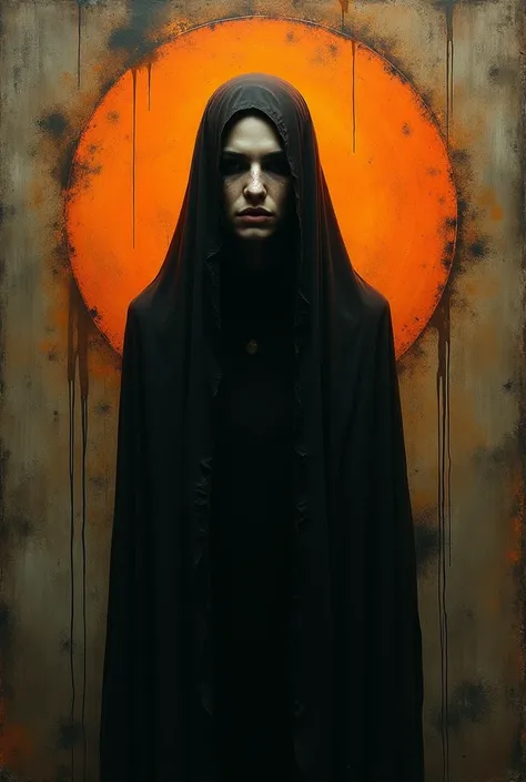 A dark, haunting portrait of a figure in profile with a somber expression, set against a textured, distressed background in shades of burnt orange and black. The figure appears to be shrouded in darkness, with soft, painterly details highlighting the facia...