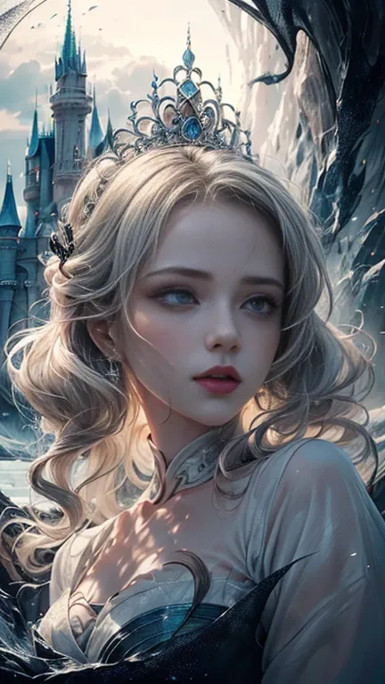 1 girl, solo, {beautiful and detailed eyes}, calm expression, hair by the breeze, delicate facial features, Blunt bangs, beautiful Russian girl, eye smile, very small earrings, tiara,(wavy white long hair:1.3),(A Cinderella Castle, portrayed through the fa...