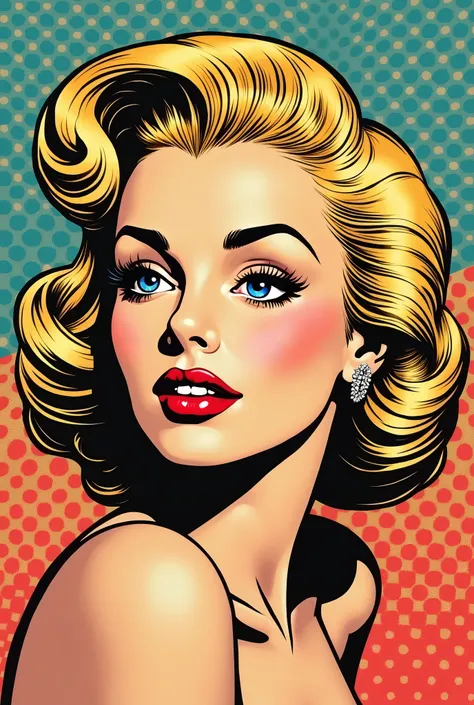 American Pop Art、Blonde beauty、1950s、Manga Style、colorful、Face seen from an angle、The background is dots