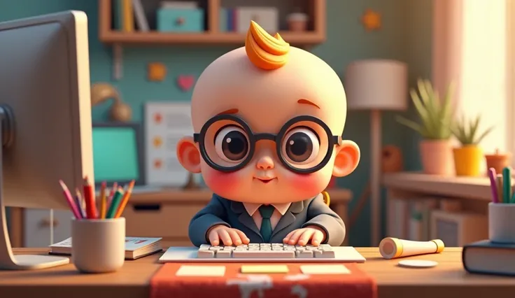 Create me a 3d chibi cartoon character of a baby studying in the computer room