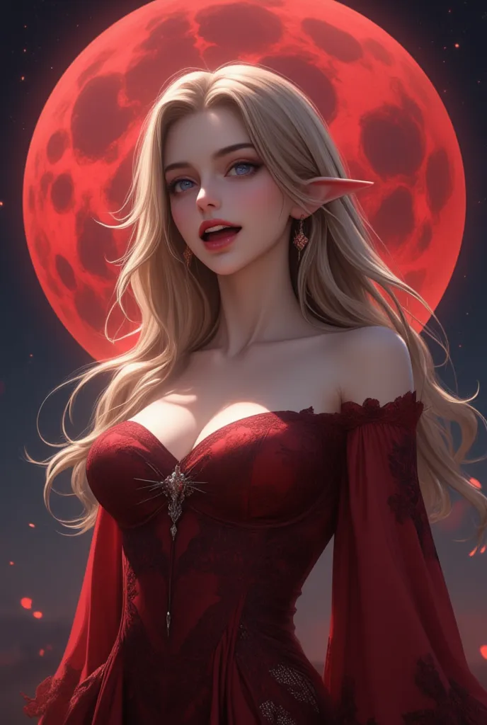 (((vampire fangs:1.7))), beauty vampire, blonde shiny silky disheveled hair, captivating sharp eyes, elf-like ears, curvaceous, ...