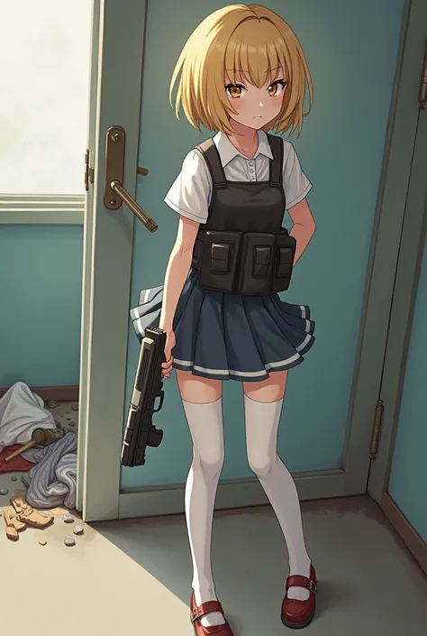 Create a very cute short haired blonde anime girl ,  who holds a gun that has a bulletproof vest ,  and who looks sexy in a schoolgirls skirt and tall white tights, That he is with one foot on small clothes looking to the right and that he is not smiling t...