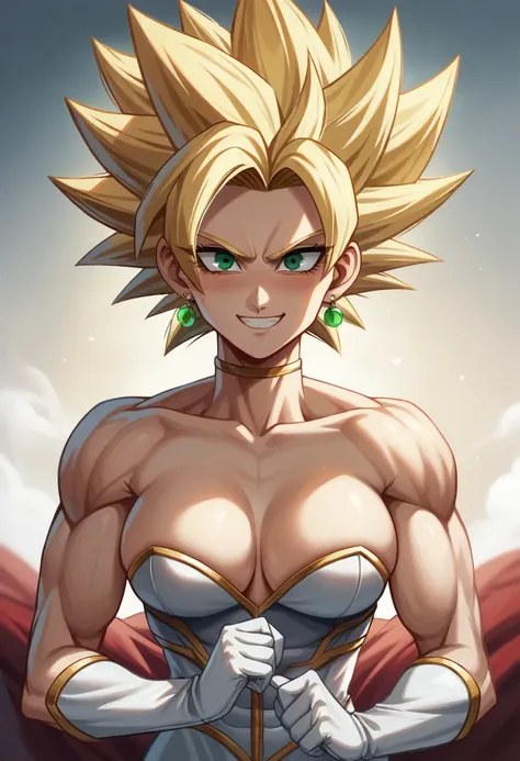 masterpiece, uncensored, BREAK, best quality, highrens, 4k resolution, RAW photo, (high detailed skin, detailed eyes:1.1), intricate details, best quality, 8k uhd, soft lighting, Vegetto, breasts, (female:1.2), 1girl, earrings, jewelry, white gloves, spike...