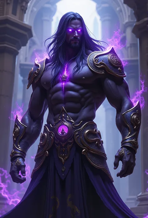 "A powerful, mystical character created by a goddess to be her lover and supreme general. He stands at 2.2 meters tall with a muscular, beautifully sculpted body and dark, ebony skin. His glowing purple eyes radiate supernatural energy, symbolizing his mys...