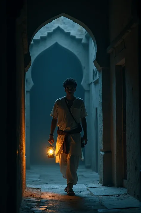 A young, determined man named Arjun, dressed in simple traditional attire, stealthily exploring the dark hallways of the palace. He cautiously makes his way through secret passages, illuminated only by a small lantern. The scene is tense and suspenseful, w...