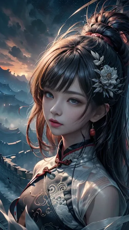 1 girl, solo, {beautiful and detailed eyes}, calm expression, hair by the breeze, delicate facial features, Blunt bangs, beautiful Korean girl, eye smile, very small earrings,(long hair:1.3),(the Great Wall of China, portrayed through the face of a Cheongs...