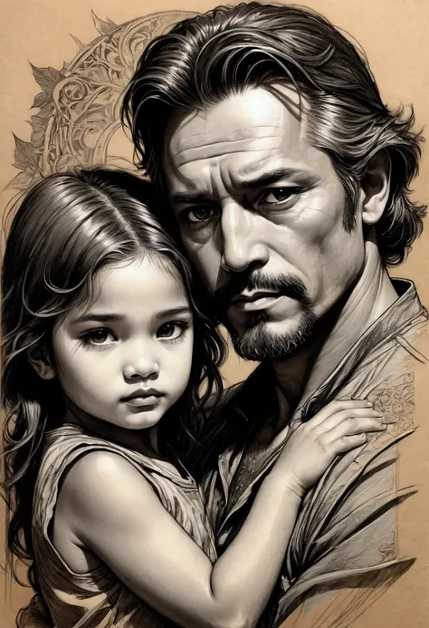 black and brown a sultry artistic artwork, black and white pencil rough sketch portrait of a father and his little daughter , de...