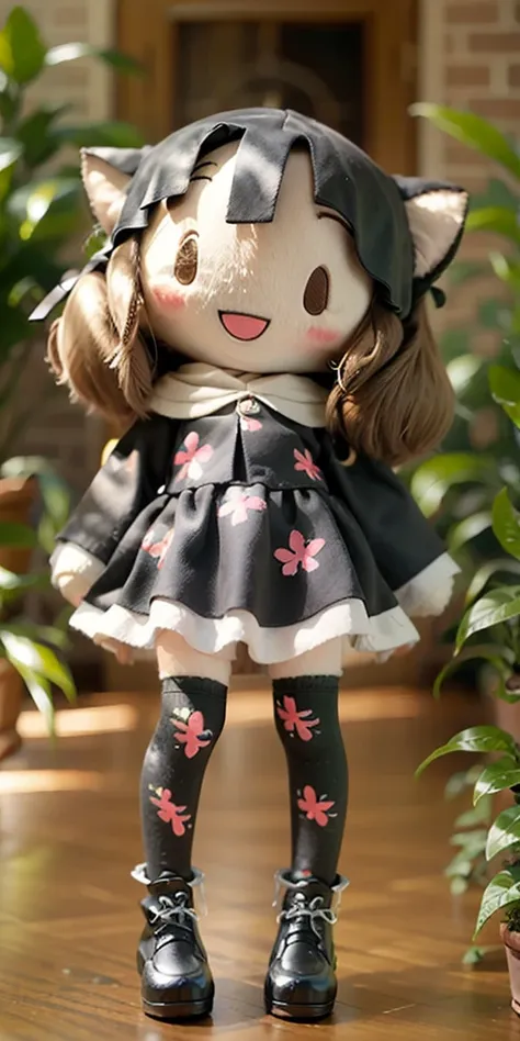 wanju\(fufu\), solo, smile, chibi,open mouth, blush, water, long hair,black hair,standing, standing on one leg, plant