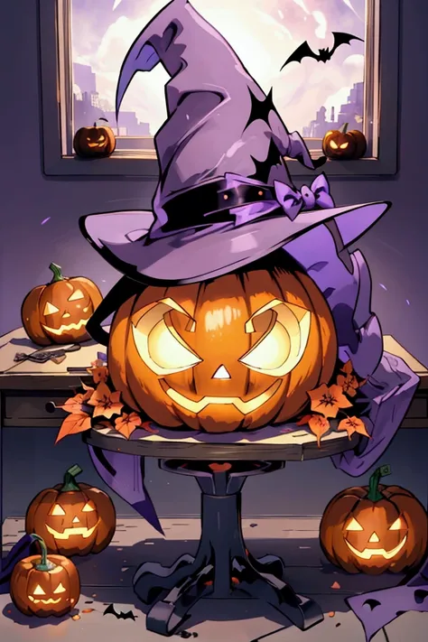 a halloween pumpkin wearing a purple  witch hat on a desk, alone, no human, noone, a pumpkin, pumkin, pumkiiinnnn