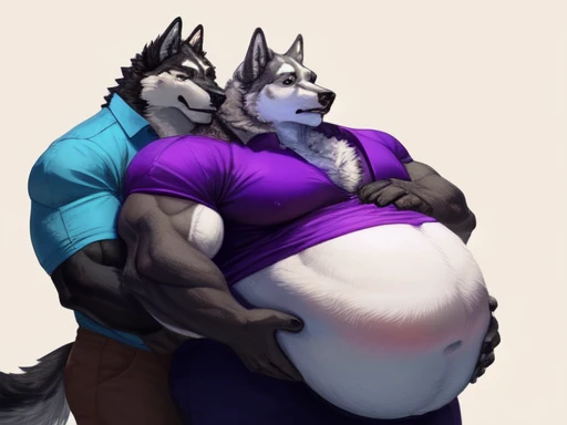 White wolf, fat, big belly, cumflated belly, tight dress shirt, holding his belly, tired, muscular, huge cumflated round belly, black muscular wolf behind white woolf, black wolf holds white wolfs big belly from behind, 