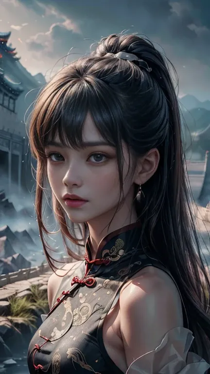 1 girl, solo, {beautiful and detailed eyes}, calm expression, hair by the breeze, delicate facial features, Blunt bangs, beautiful Korean girl, eye smile, very small earrings,(long hair:1.3),(the Great Wall of China, portrayed through the face of a Cheongs...