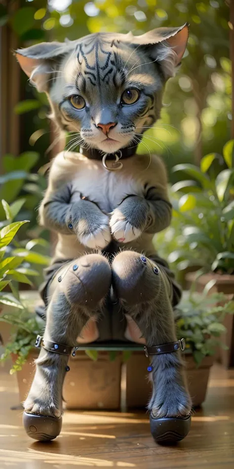 sitting straight symmetrical, sitting on grass, full body, solo girl looking to the camera, cow bell choker, metal sandals