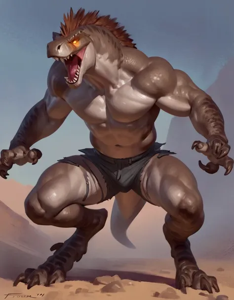 Anthro male dinosaur, by taran fiddler, torn shorts, growling, night rocky desert, glowing eyes, 