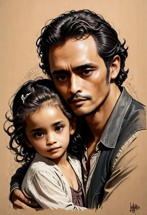 black and brown a sultry artistic artwork, black and white pencil rough sketch portrait of a father and his little daughter , de...