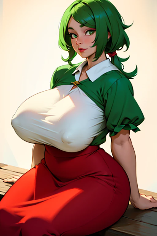 Very pretty and beautiful medieval villager woman with very big breasts and huge short white hair dressed in red villager with green eyes