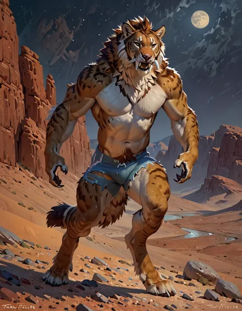 Anthro male saber tooth smilodon,, by taran fiddler, torn shorts,, night rocky desert, 