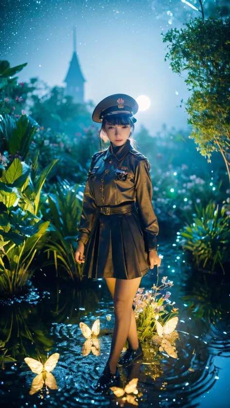 very detailed,high resolution,photorealistic:1.37il,portrait,moonlit garden,elegant pose,army uniform,army hat,sexy,glittering e...