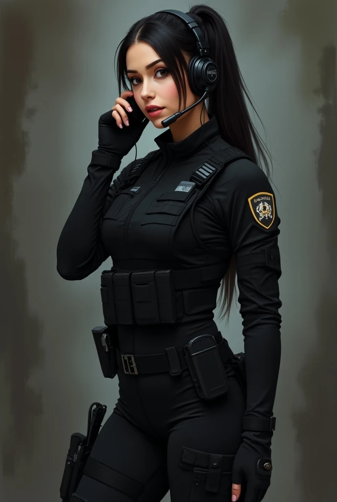 (One Woman),(((A female SWAT officer is talking on an intercom:1.5))),(((Black tactical bodysuit:1.5))),(((black special forces equipment:1.5))),(((Black headset:1.5))),(long ponytail black hair:1.5),(front),(Beautiful Eyes:1.3),(beautiful face:1.5),(Very ...