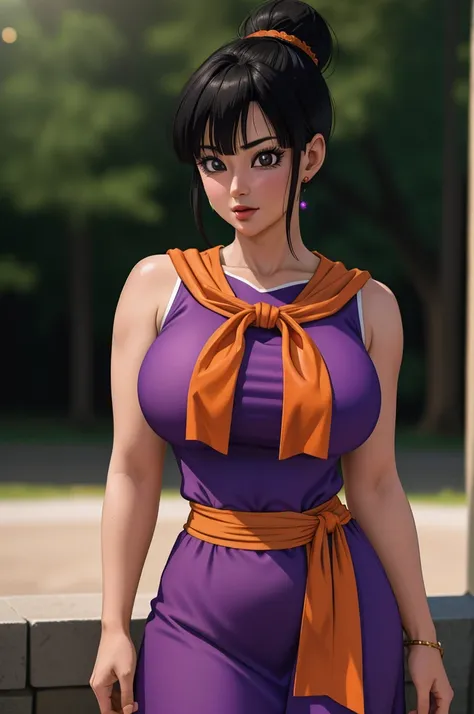 chichi_dbz, standing, solo, large_breasts, Purple_Dress_Orange_Neckerchief, sleeveless, masterpiece, best quality, detailed face, detailed eyes, highres,8k, best quality, intricate details, ultra-detailed, ultra highres, depth field, ,masterpiece, , ultra ...