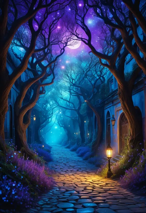 visualize a mystical alley infused with an otherworldly charm, as if stepping into a realm where reality and fantasy intertwine....