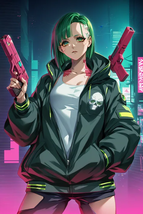 a woman with green eyes and a black jacket holding a gun, anime cyberpunk art, cyberpunk anime girl, best anime 4k konachan wall...