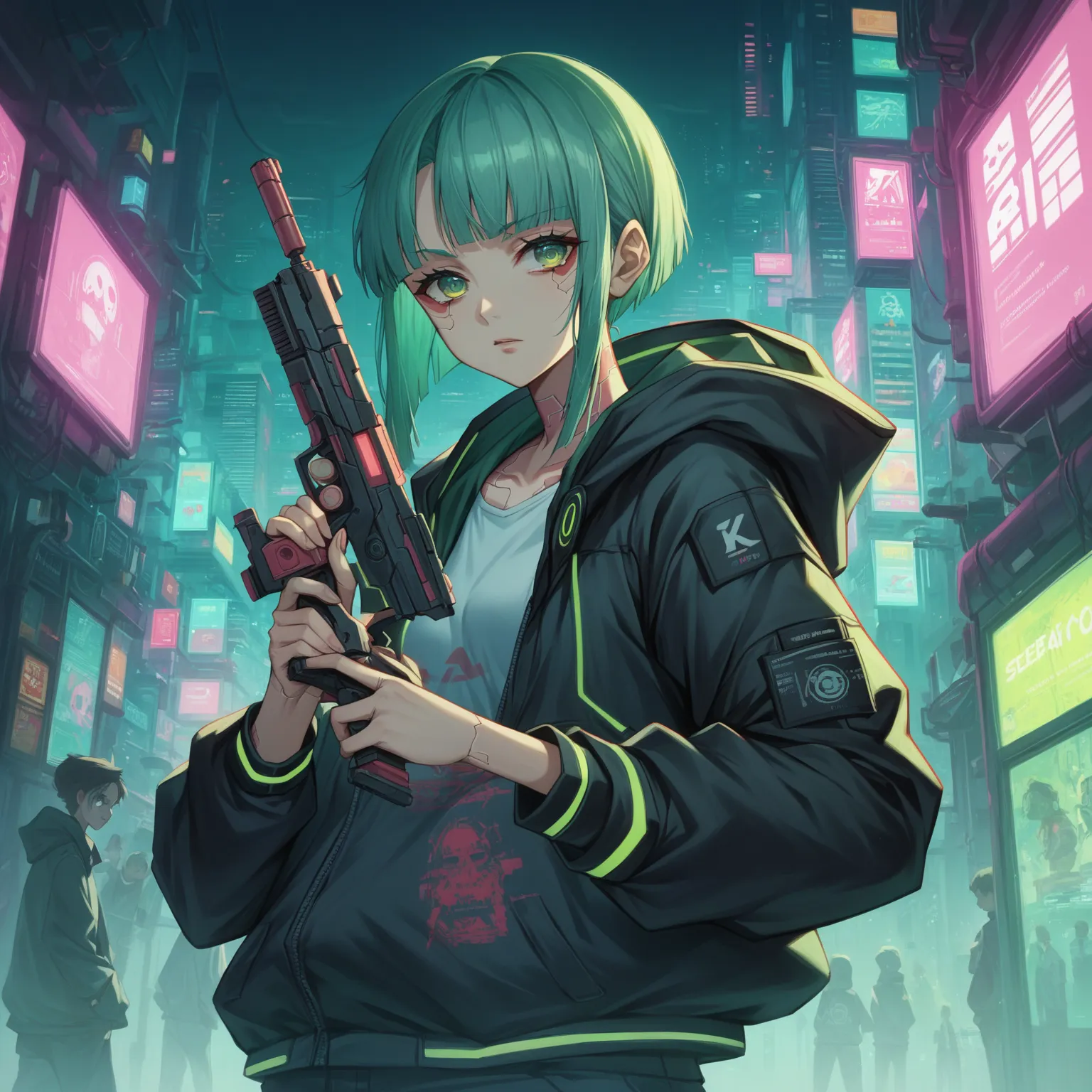 a woman with green eyes and a black jacket holding a gun, anime cyberpunk art, cyberpunk anime girl, best anime 4k konachan wall...