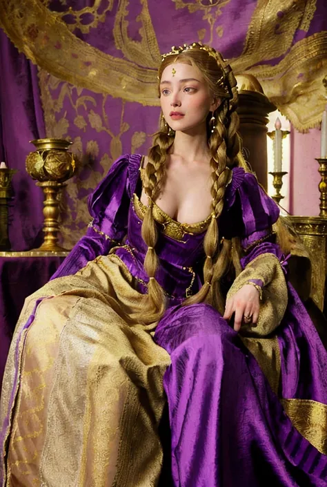 rapunzel with her long golden hair in intricate braids woven with amethyst beads and wearing an italian renaissance style purple...