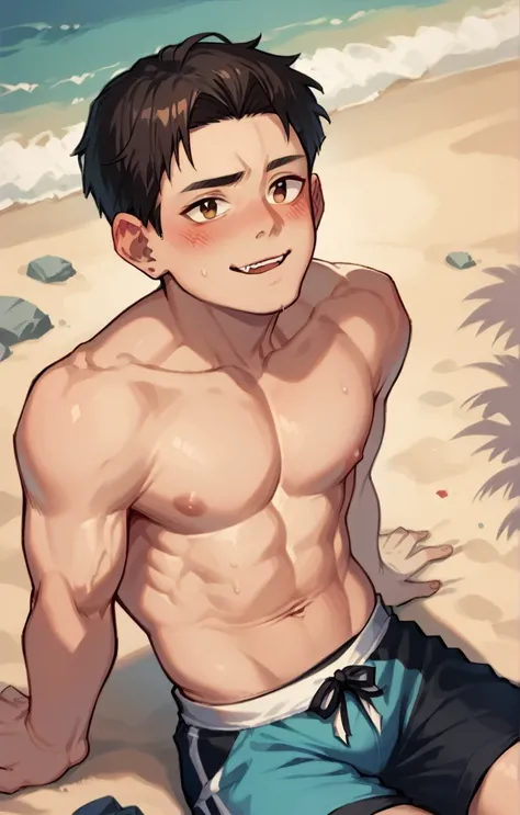 Cute Asian boy on the beach sitting on the sand in black swimming trunks 