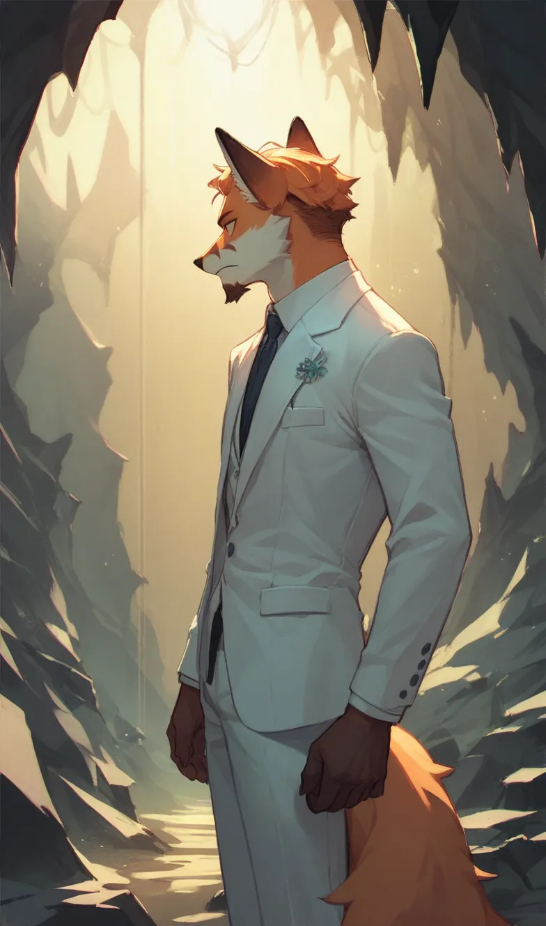 a fox cave, with short beard, white suit, pompadour hairstyle standing at night in low lighting.