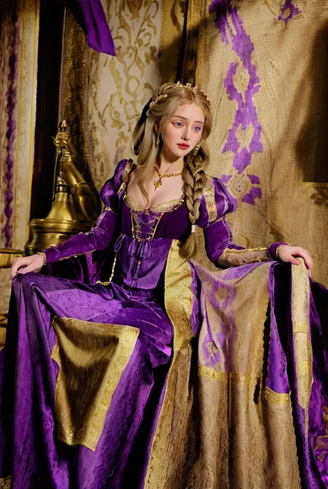 rapunzel with her long blonde hair in intricate braids woven with amethyst beads and wearing an italian renaissance style purple...