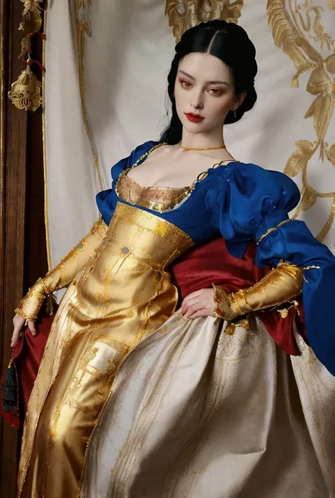 snow white with her black hair in a gold beaded renaissance style net and wearing a red silk gown with long sleeves of royal blu...