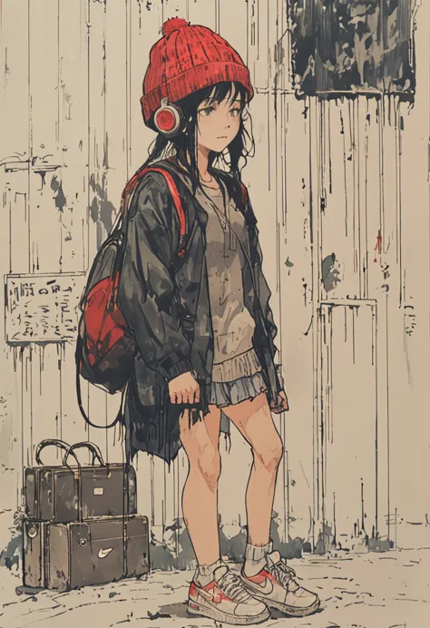 sketch、ink painting、 beautiful japanese schoolgirl、 kawanabe kyosai's style、uniform、nike sneakers、shibuya、headphones、knitted hat...